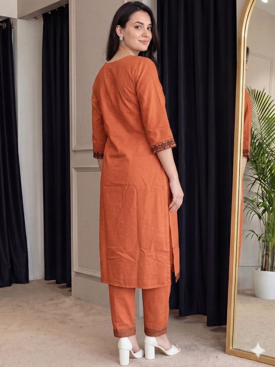 Orange Kurta Set With Charcoal Tribal Embroidery