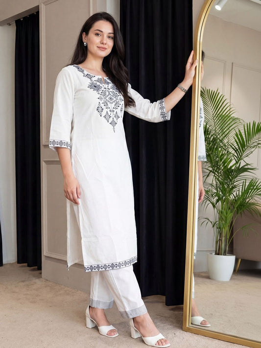 White Kurta Set With Charcoal Tribal Embroidery