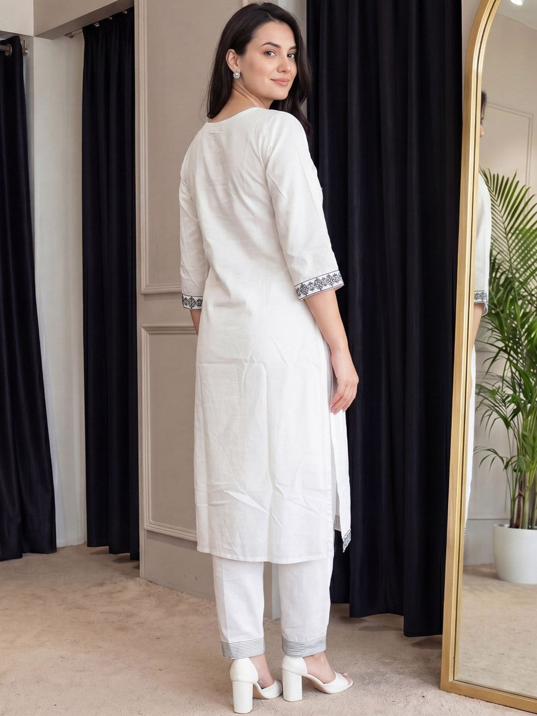 White Kurta Set With Charcoal Tribal Embroidery