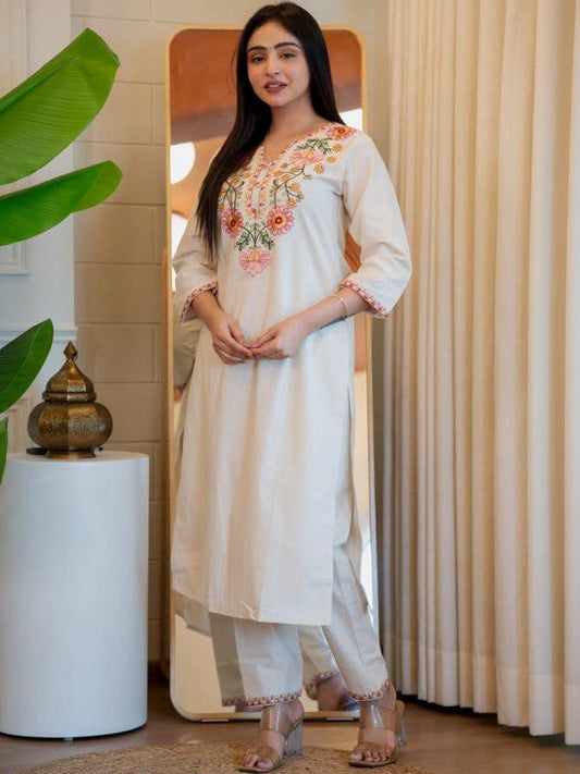 Premium Cream Cotton Floral Embroidered Kurta Set