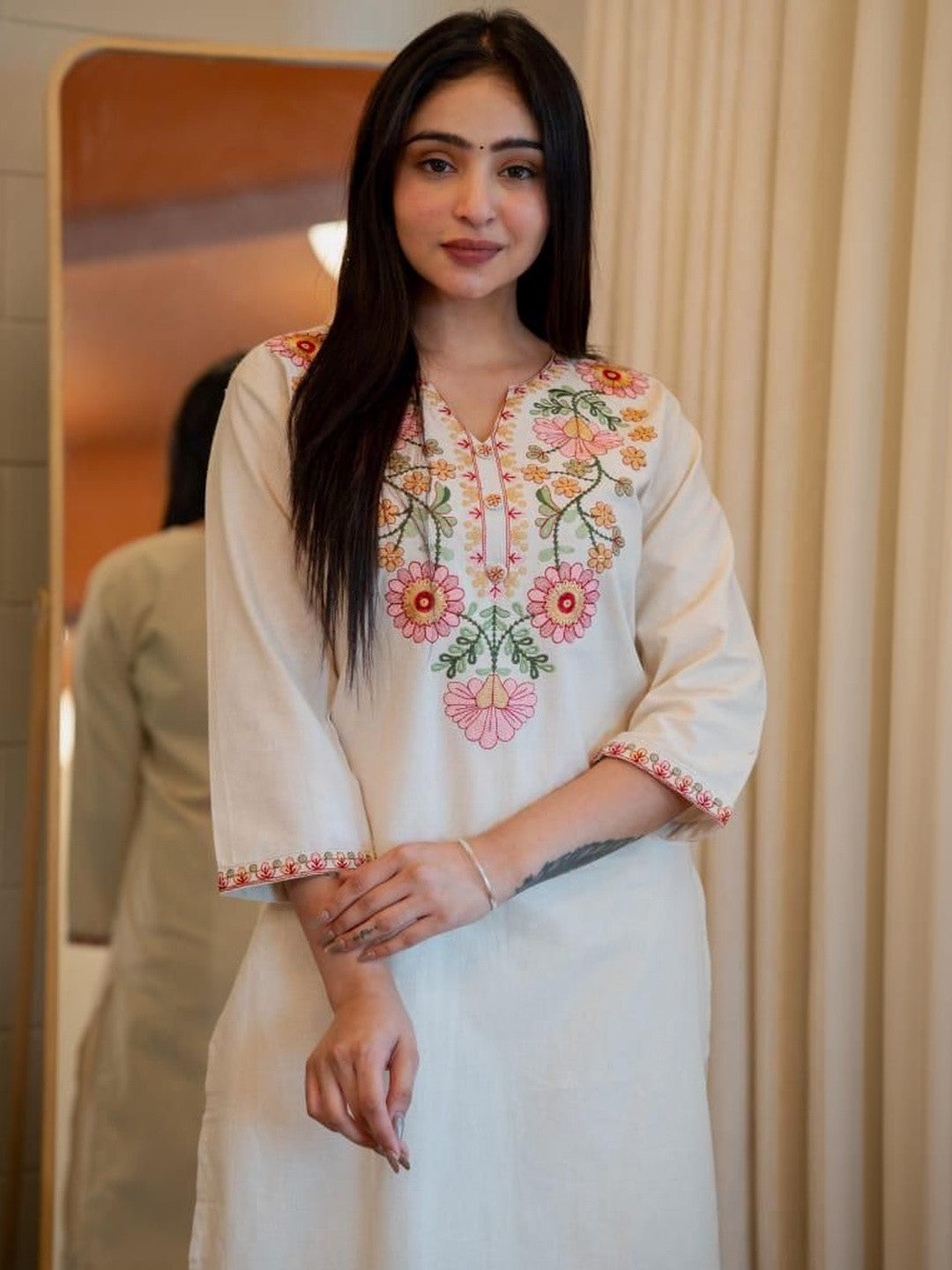 Premium Cream Cotton Floral Embroidered Kurta Set