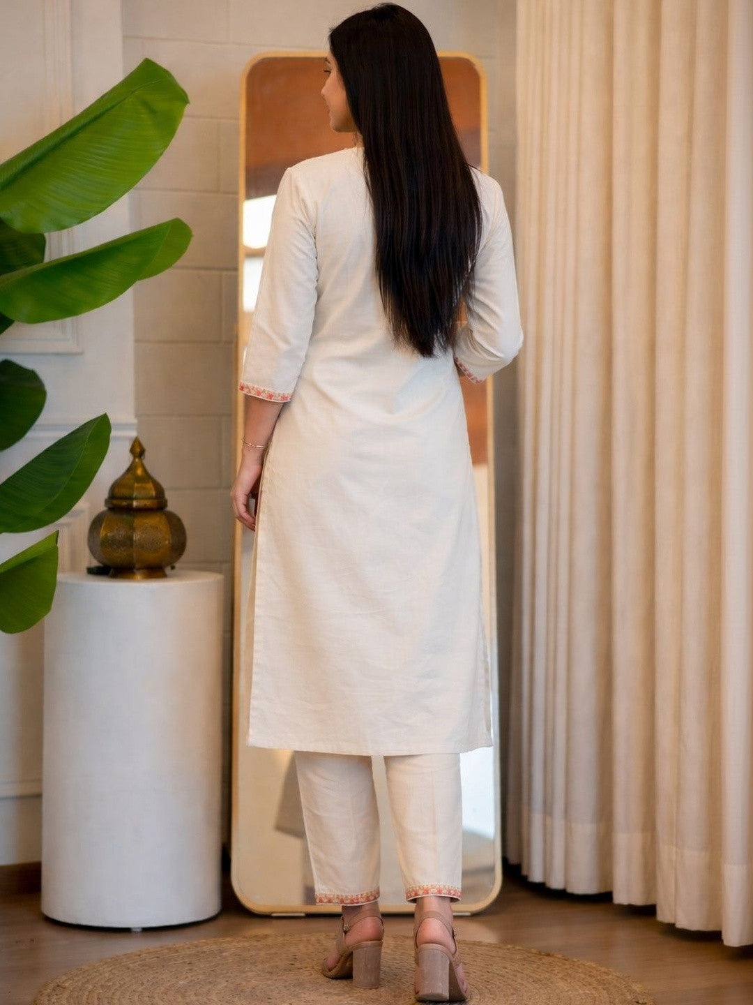 Premium Cream Cotton Floral Embroidered Kurta Set