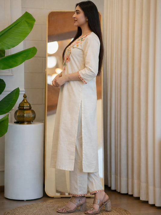 Premium Cream Cotton Floral Embroidered Kurta Set