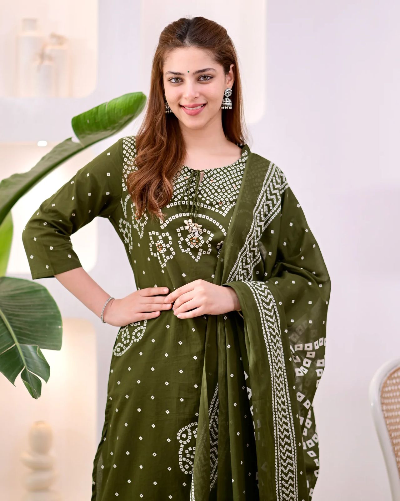 Premium Olive Green Bandhni Cotton Kurta Set