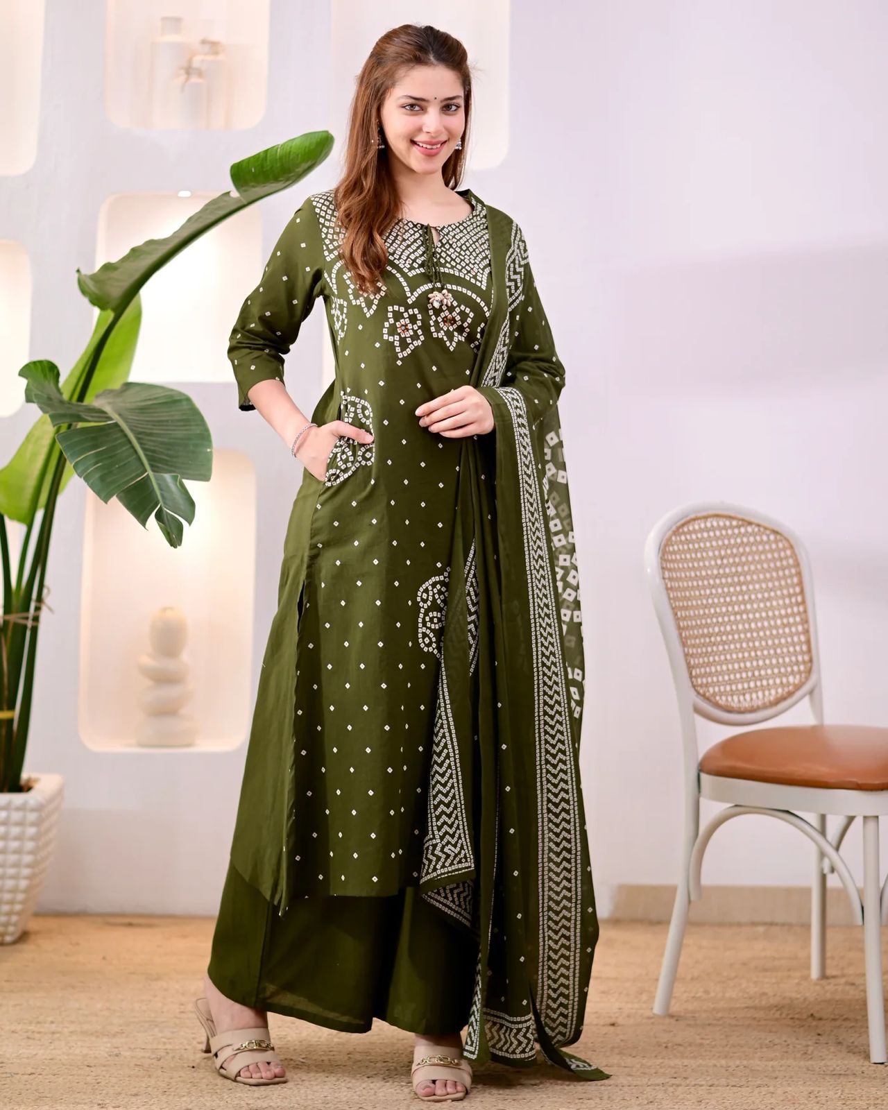 Premium Olive Green Bandhni Cotton Kurta Set