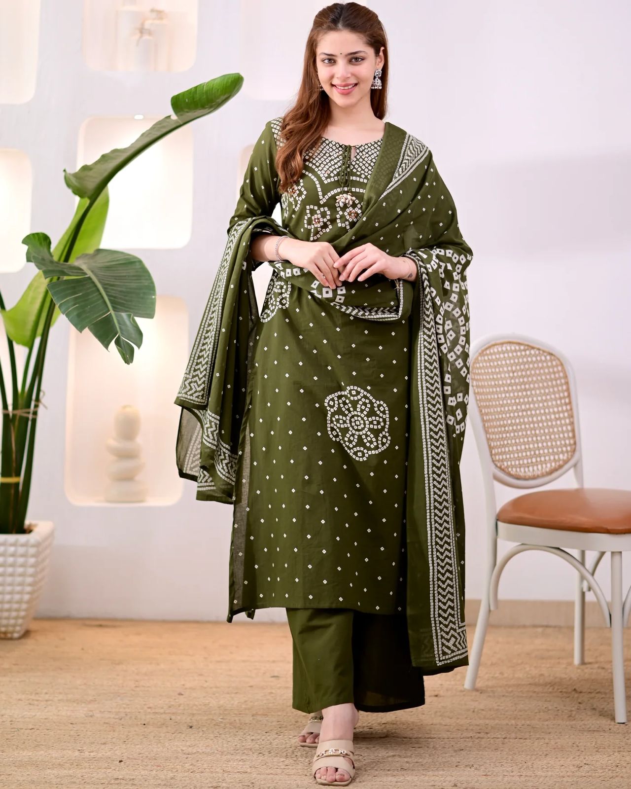 Premium Olive Green Bandhni Cotton Kurta Set
