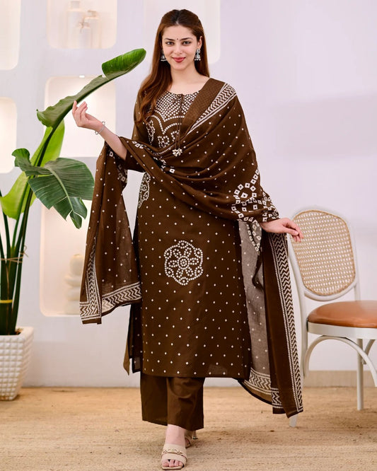 Premium Coffee Brown Bandhni Cotton Kurta Set