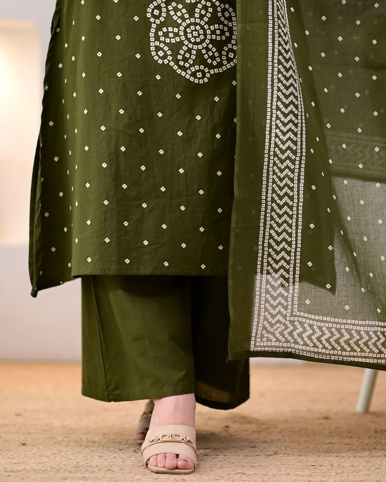 Premium Olive Green Bandhni Cotton Kurta Set
