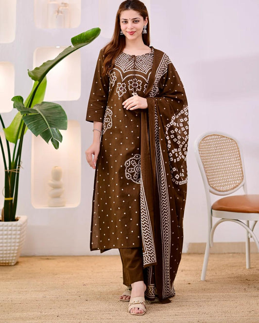 Premium Coffee Brown Bandhni Cotton Kurta Set