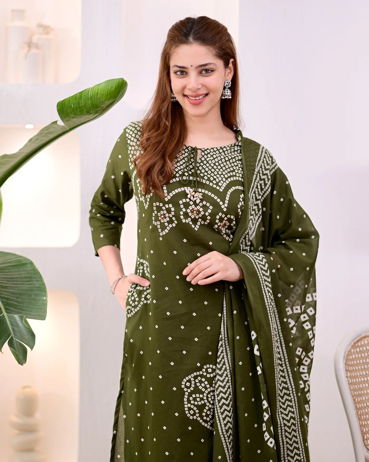 Premium Olive Green Bandhni Cotton Kurta Set