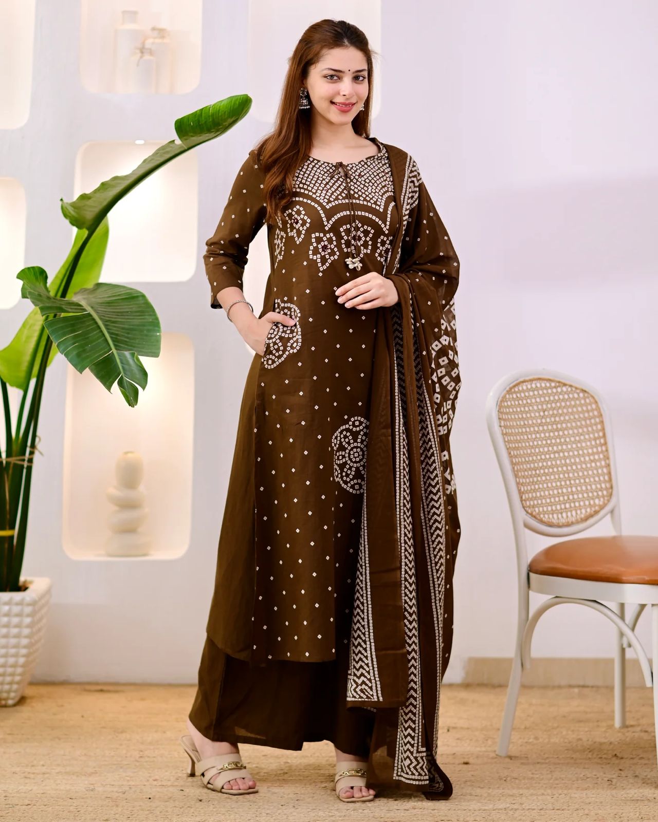 Premium Coffee Brown Bandhni Cotton Kurta Set