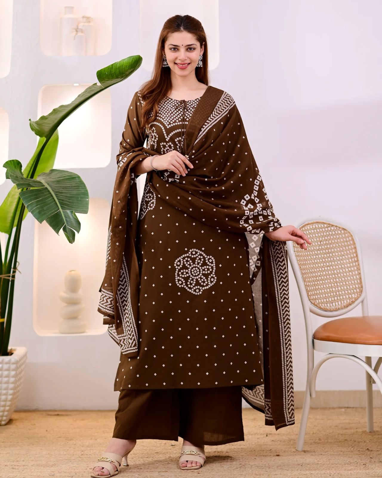 Premium Coffee Brown Bandhni Cotton Kurta Set