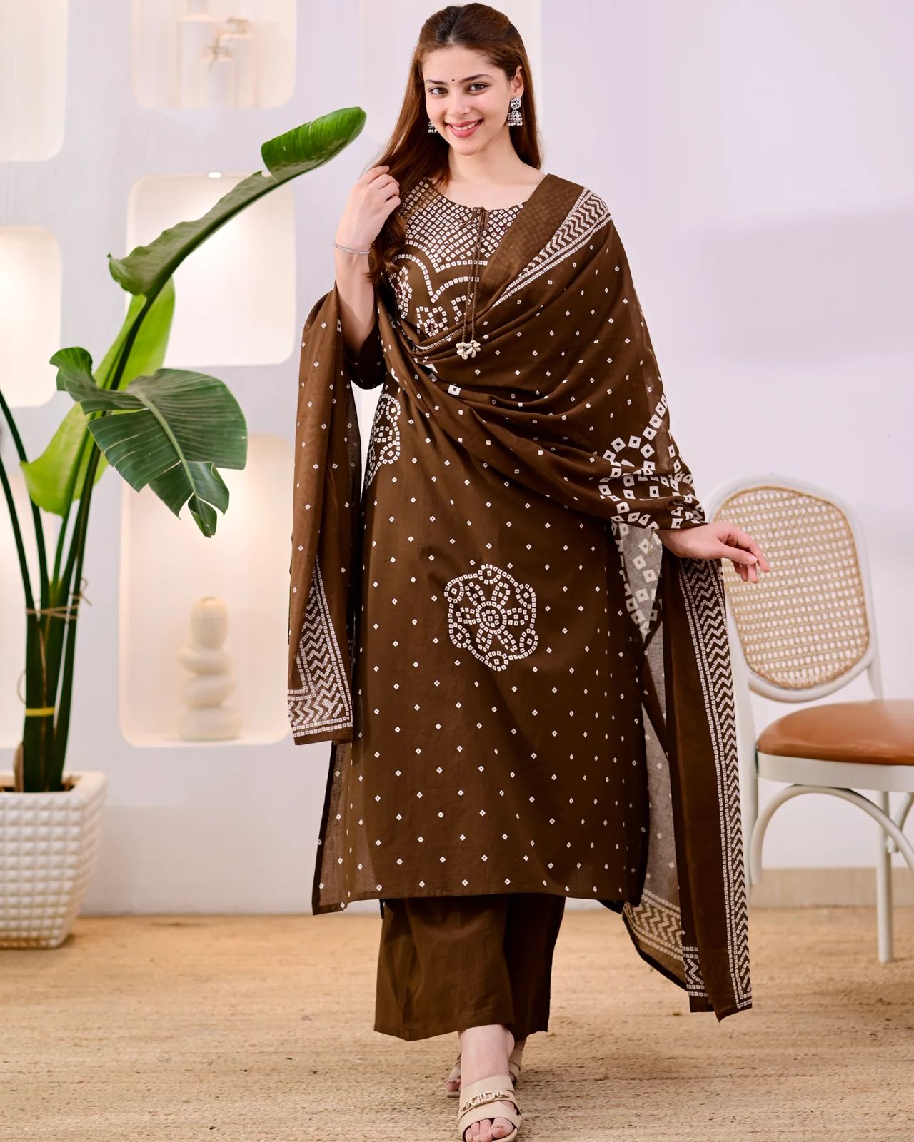 Premium Coffee Brown Bandhni Cotton Kurta Set