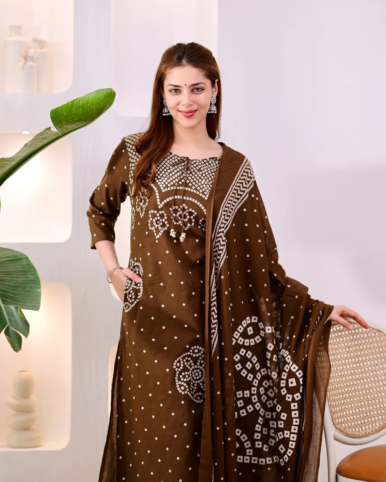 Premium Coffee Brown Bandhni Cotton Kurta Set