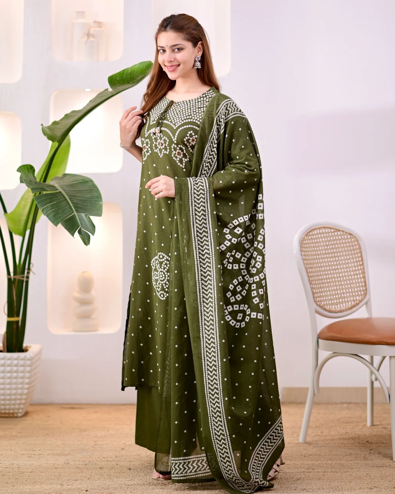 Premium Olive Green Bandhni Cotton Kurta Set