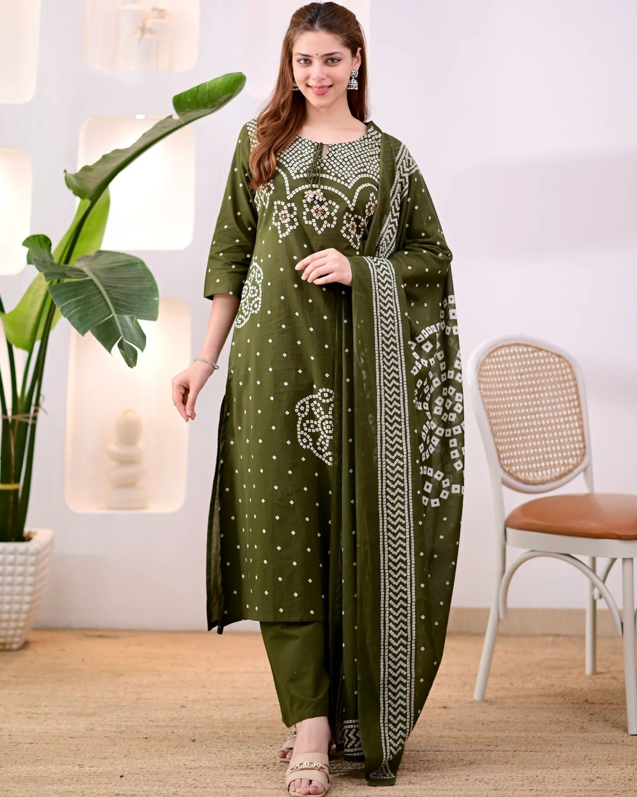 Premium Olive Green Bandhni Cotton Kurta Set