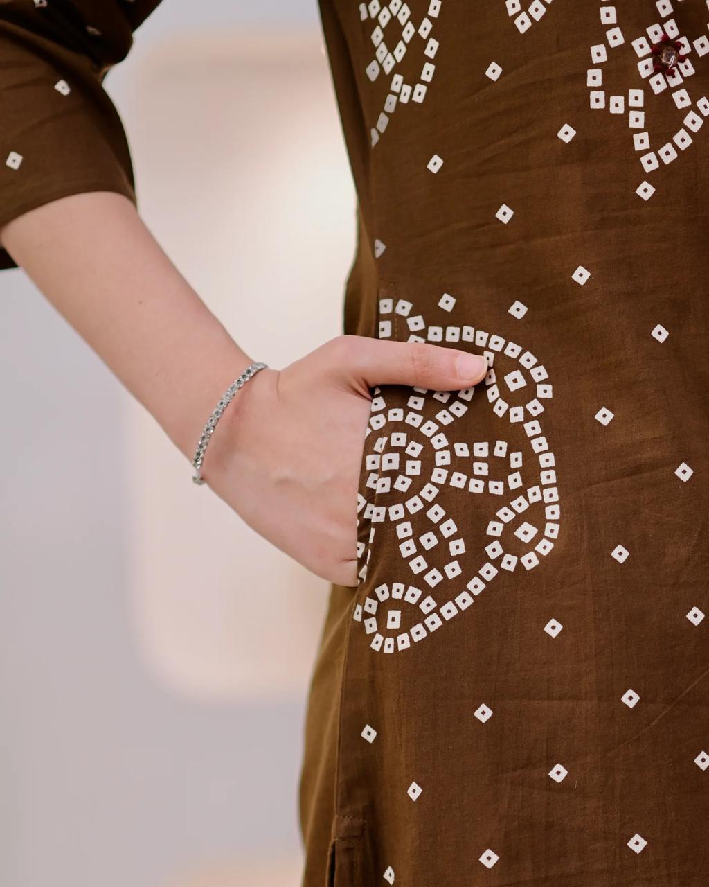 Premium Coffee Brown Bandhni Cotton Kurta Set
