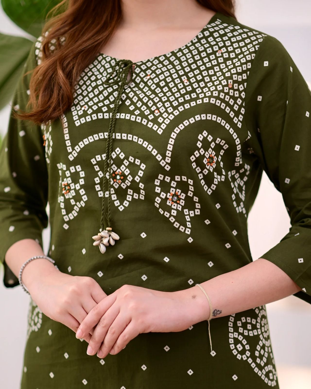 Premium Olive Green Bandhni Cotton Kurta Set