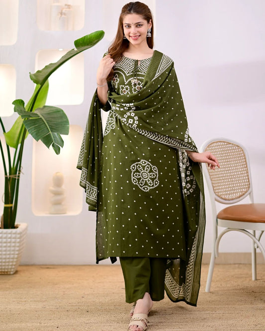 Premium Olive Green Bandhni Cotton Kurta Set