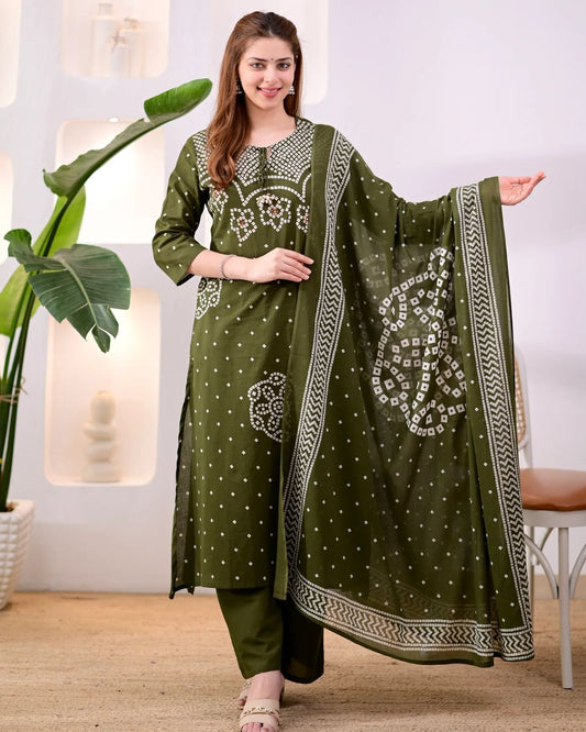 Premium Olive Green Bandhni Cotton Kurta Set