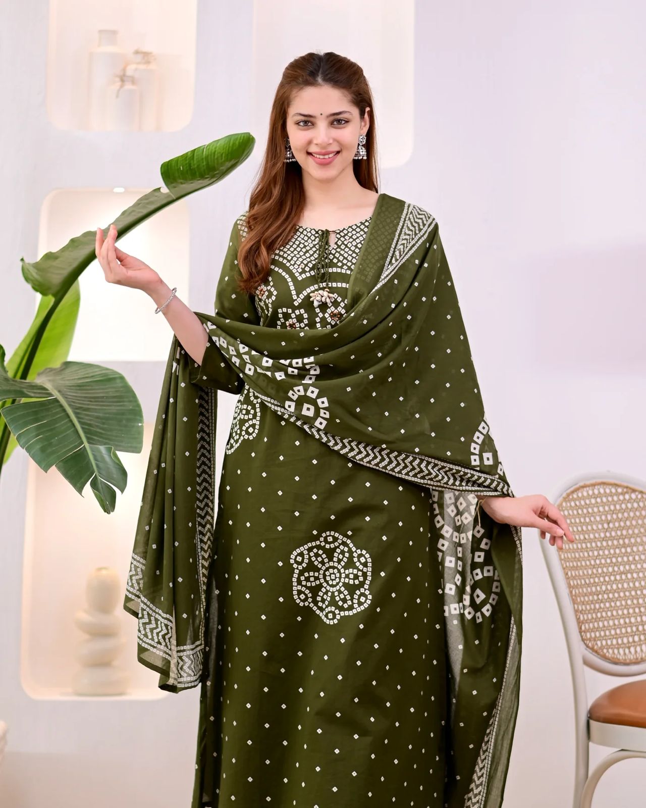 Premium Olive Green Bandhni Cotton Kurta Set