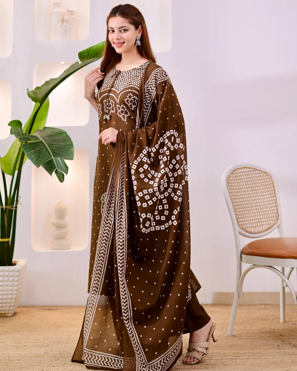 Premium Coffee Brown Bandhni Cotton Kurta Set