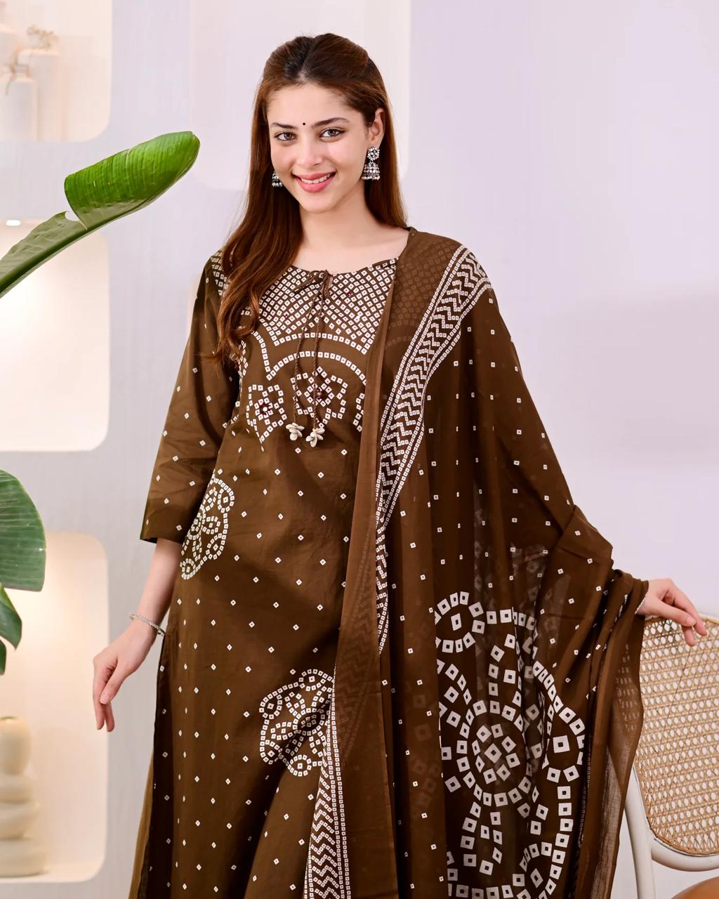 Premium Coffee Brown Bandhni Cotton Kurta Set