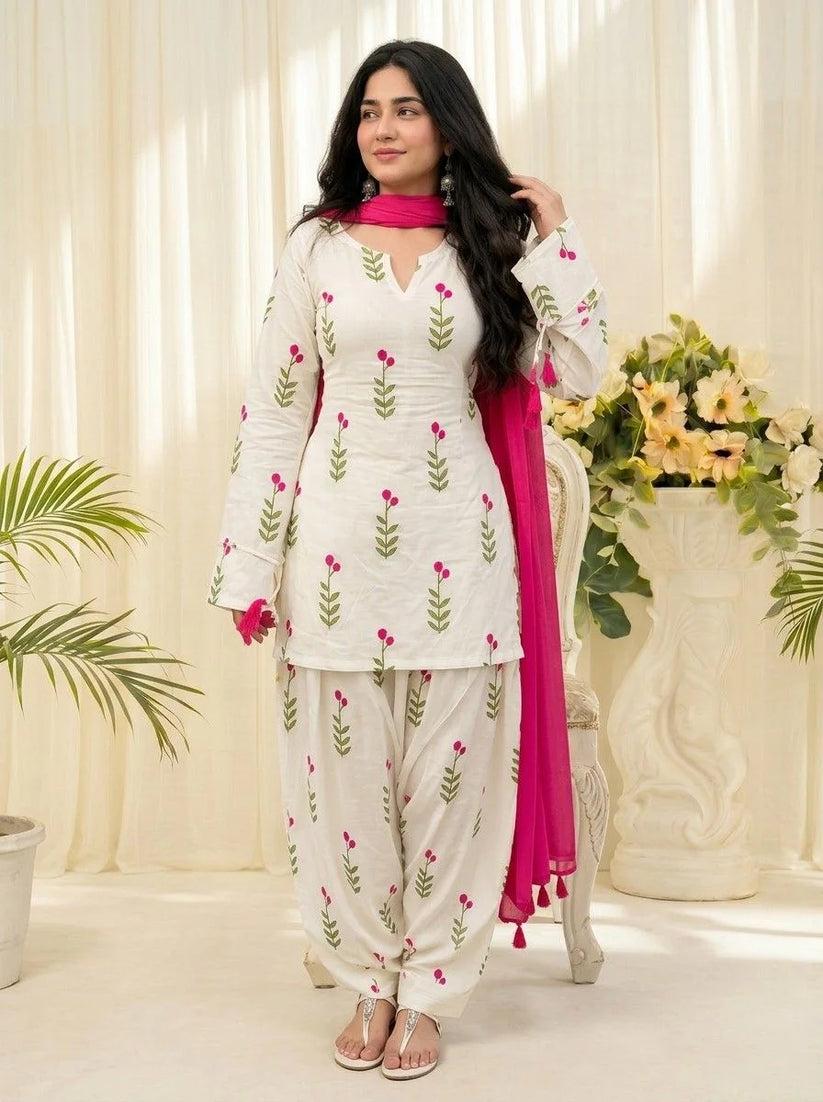 White Floral Printed Cotton Kurta Pant Set with Pink Dupatta for Women