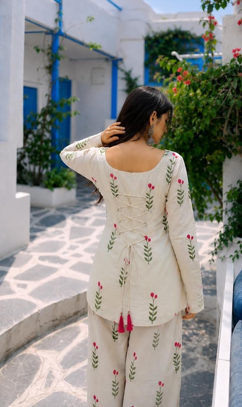 White Floral Printed Cotton Kurta Pant Set with Pink Dupatta for Women