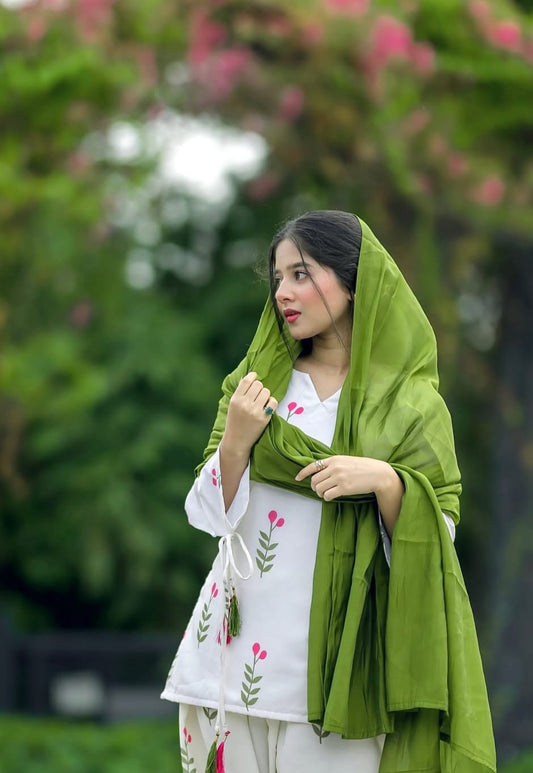 White Floral Printed Cotton Kurta Pant Set with Green Dupatta for Women