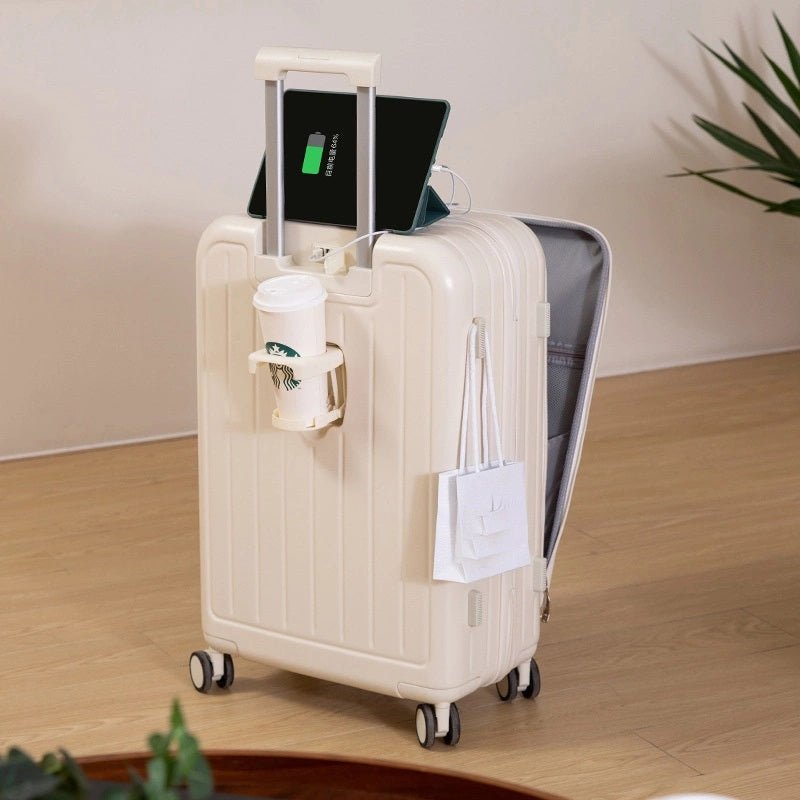 Front Open Luggage Suitcase with Cup Holder and USB Port. - salesmania