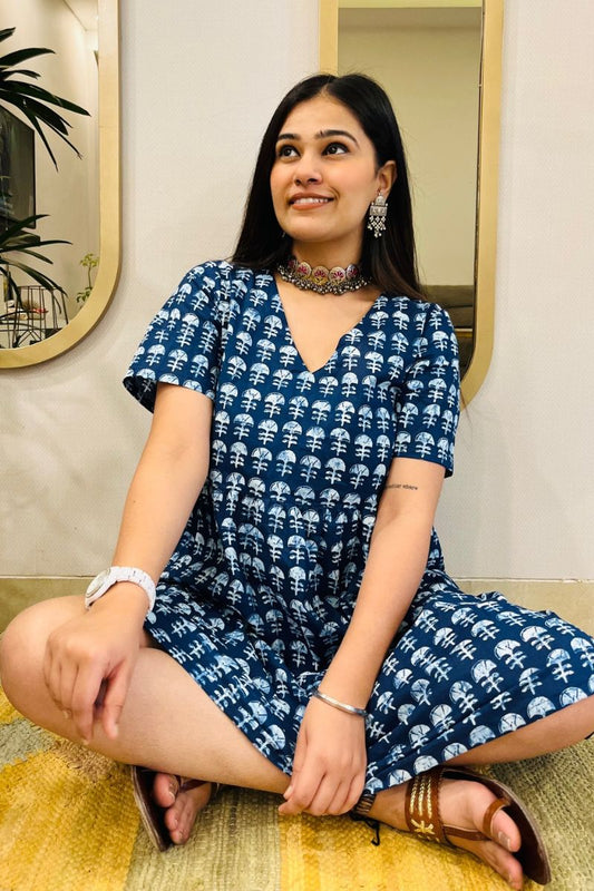 INDIGO BLOCK PRINT FLARED DRESS
