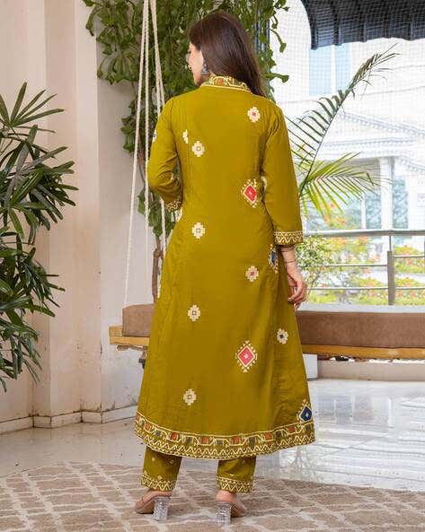 Women Bandhani Printed Cotton Lime Yellow Anarkali Kurta With Trousers & Dupatta Set