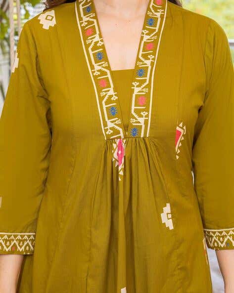 Women Bandhani Printed Cotton Lime Yellow Anarkali Kurta With Trousers & Dupatta Set