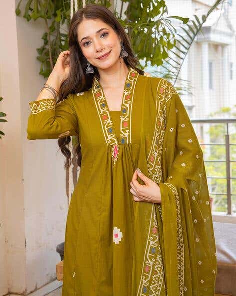 Women Bandhani Printed Cotton Lime Yellow Anarkali Kurta With Trousers & Dupatta Set