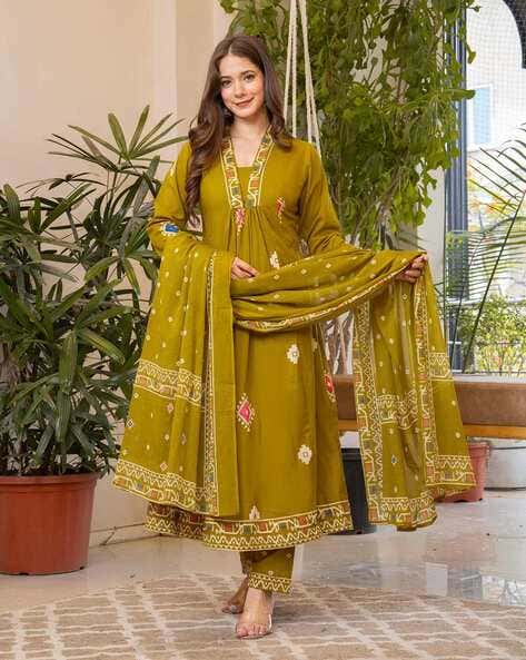 Women Bandhani Printed Cotton Lime Yellow Anarkali Kurta With Trousers & Dupatta Set