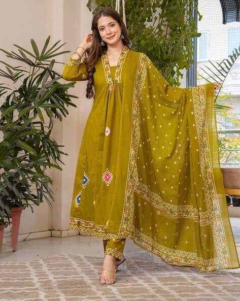 Women Bandhani Printed Cotton Lime Yellow Anarkali Kurta With Trousers & Dupatta Set