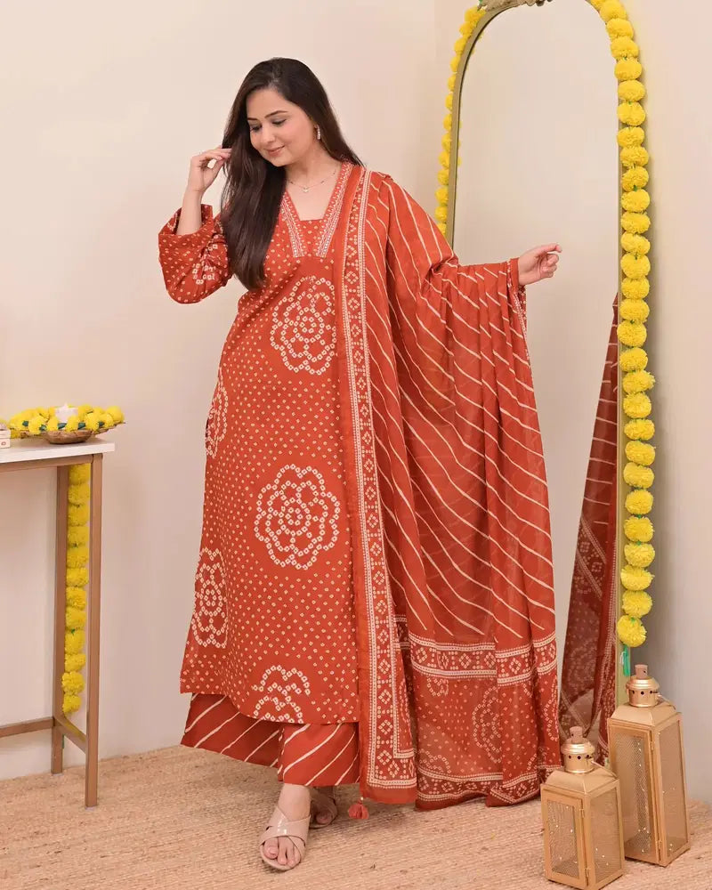 Rust Bandhej Cotton A Line Suit Set